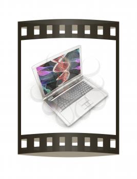 Laptop with dna medical model background on laptop screen. 3d illustration. The film strip