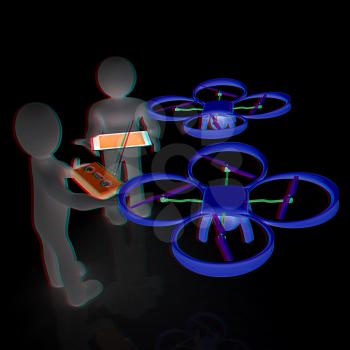 3d white people. Man flying a white drone with camera. 3D render. Anaglyph. View with red/cyan glasses to see in 3D.