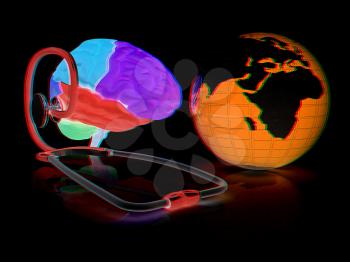 stethoscope, globe, brain - global medical concept. 3d illustration. Anaglyph. View with red/cyan glasses to see in 3D.
