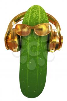 cucumber with sun glass and headphones front face on a white background. 3d illustration