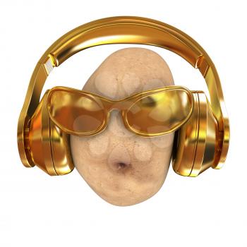 potato with sun glass and headphones front face on a white background. 3d illustration