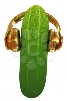 cucumber with headphones on a white background. 3d illustration