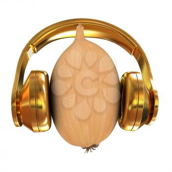 Ripe onion with gold headphones front face on a white background
