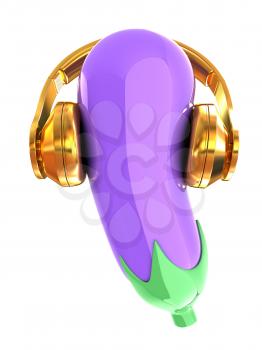 eggplant with headphones on a white background. Eggplant for farm market, vegetarian salad recipe design. 3d illustration