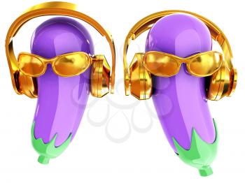 eggplant with sun glass and headphones front face on a white background. Eggplant for farm market, vegetarian salad recipe design. 3d illustration