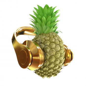Fashion gold pineapple with headphones listens to music. 3d illustration
