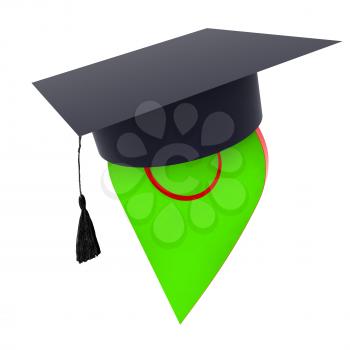 Geo pin with graduation hat on white. School sign, geolocation and navigation. 3d illustration