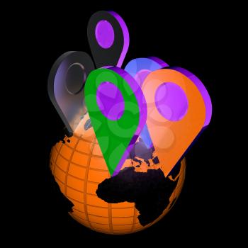 Planet Earth and map pins icon. Earth globe and colorful map labels. Modern graphic elements for web banners, websites, printed materials, infographics. 3d illustration.