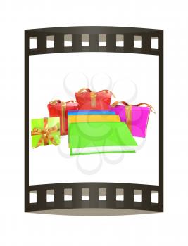 Gifts and books. 3d illustration. The film strip.