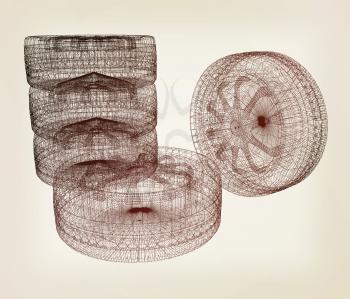 computer drawing of car wheel. Top view. 3d illustration. Vintage style