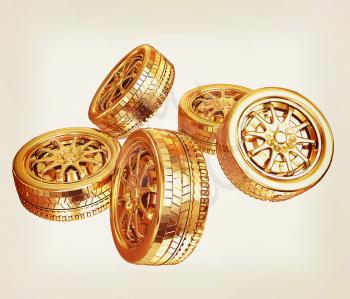 Golden wheels Set isolated on white. Top view. 3d illustration. Vintage style