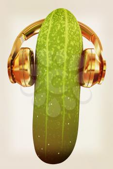 cucumber with headphones on a white background. 3d illustration. Vintage style