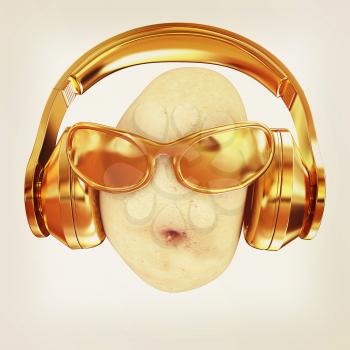 potato with sun glass and headphones front face on a white background. 3d illustration. Vintage style