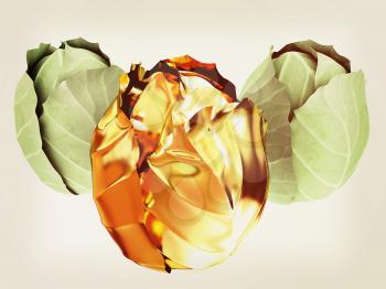 green cabbage and gold cabbage isolated on white background. 3d illustration. Vintage style