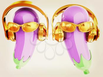 eggplant with sun glass and headphones front face on a white background. Eggplant for farm market, vegetarian salad recipe design. 3d illustration. Vintage style