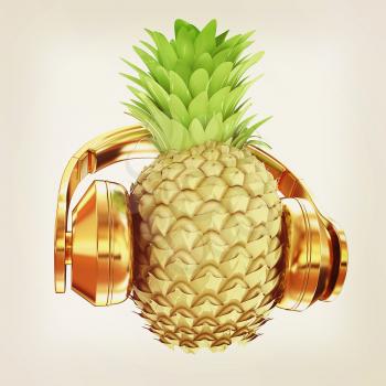 Fashion gold pineapple with headphones listens to music. 3d illustration. Vintage style