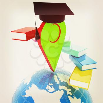 Pointer of education in graduation hat with books around and Earth. 3d illustration. Vintage style
