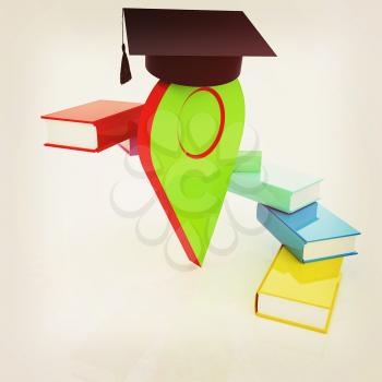 Pointer of education in graduation hat with books around. 3d illustration. Vintage style