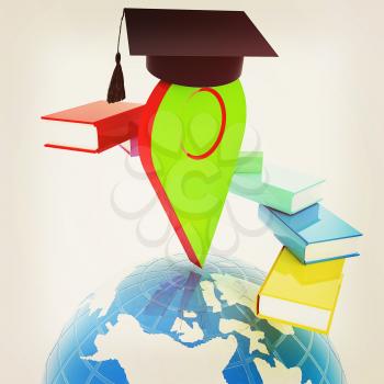 Pointer of education in graduation hat with books around and Earth. 3d illustration. Vintage style