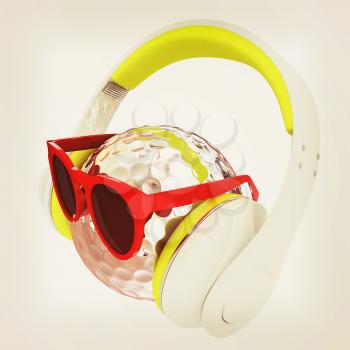 Metal Golf Ball With Sunglasses and headphones. 3d illustration. Vintage style