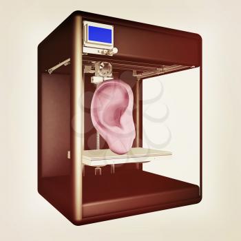 Medical 3d printer for duplication of human ear. 3D Bio-printer. 3d illustration. Vintage style