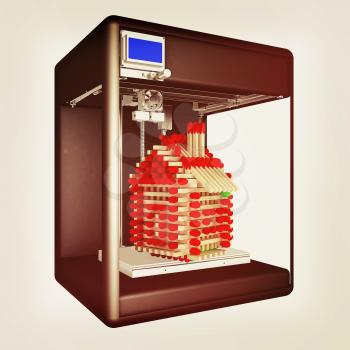 Industrial 3D printer prints a toy house made of matches. 3d illustration. Vintage style