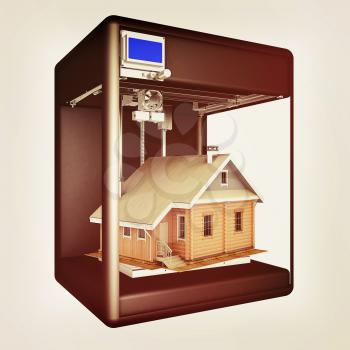 Industrial 3D printer prints a house concept. 3d illustration. Vintage style