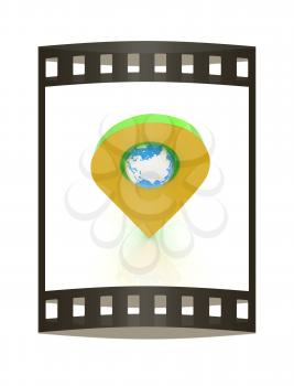 Realistic 3d pointer of map with Earth. Global concept. 3d illustration. The film strip.