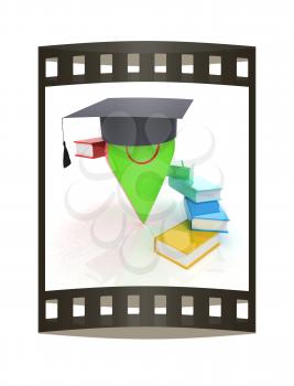 Pointer of education in graduation hat with books around. 3d illustration. The film strip.