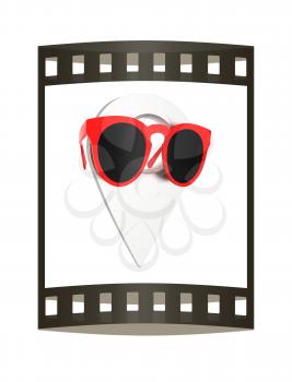 Glamour map pointer in sunglasses. 3d illustration. The film strip.