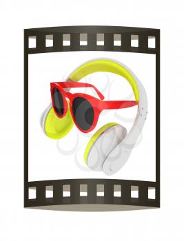 Sunglasses and headphone for your face. 3d illustration. The film strip.