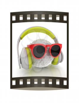 Golf Ball With Sunglasses and headphones. 3d illustration. The film strip.
