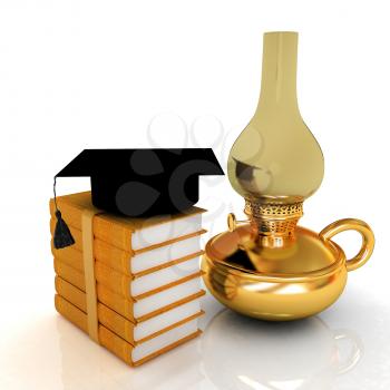 Leather books, kerosene lamp and graduation hat. 3d render