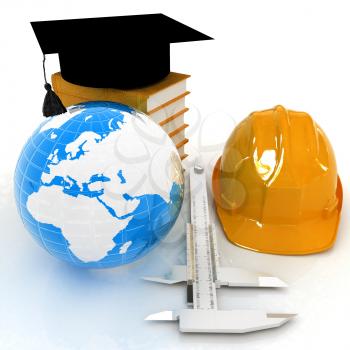 Hard hat, graduation hat on Earth, caliper and books. 3d render