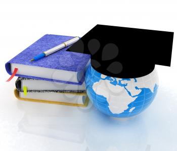 Notepads, pen and Earth in graduation hat. 3d render