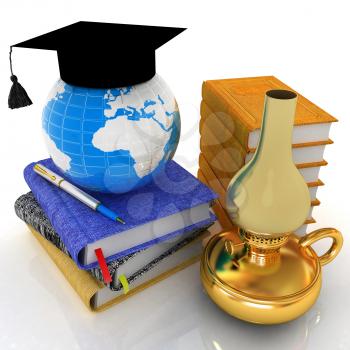 Global of Education concept with Earth, retro kerosene lamp, leather books, notebooks and graduation hat from above. 3d render