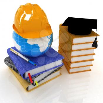 Hard hat and graduation hat on a leather books and notes. The global concept with Earth of edication for work. 3d render