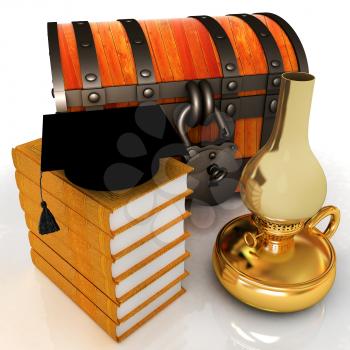Graduation hat on chest and books around with kerosene lamp. 3d render
