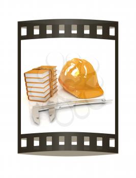 Calipers and leather-bound books around hard hat. 3d render. Film strip.
