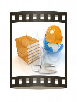 Earth in hard hat, calipers and books. 3d render. Film strip.