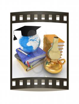 Global of Education concept with Earth, retro kerosene lamp, leather books, notebooks and graduation hat from above. 3d render. Film strip.