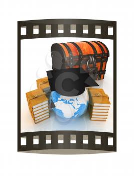 Graduation hat on Earth with chest and books around. 3d render. Film strip.