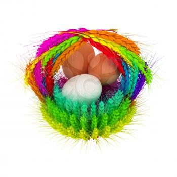 Colored basket of the ears of wheat with eggs. 3d render