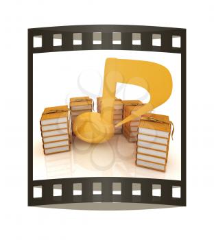Music note and books. 3d render. Film strip.