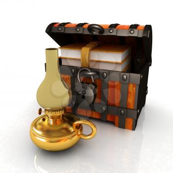 Leather Books in a Chest and kerosene lamp. 3d render