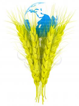 Yellow ears of wheat and Earth. Symbol that depicts prosperity, wealth and abundance. 3d render