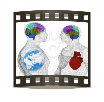 Wire human body model with heart and brain in x-ray. 3d render. Global medical concept with Earth. 3d render. Film strip.