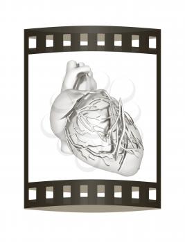 Metall heart. 3d render. Film strip.