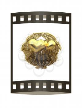 Golden Heart in golden basket of the ears of wheat. Wedding concept. 3d render. Film strip.