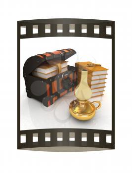Leather Books in a Chest and kerosene lamp. 3d render. Film strip.